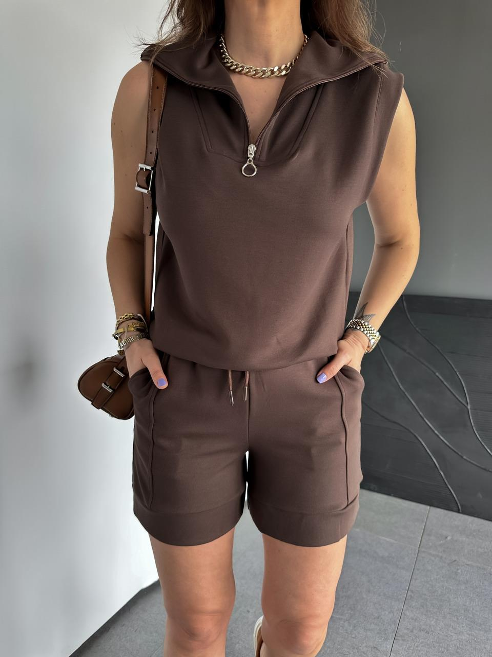 Kahve Polo Yaka Şortlu Modal Takım