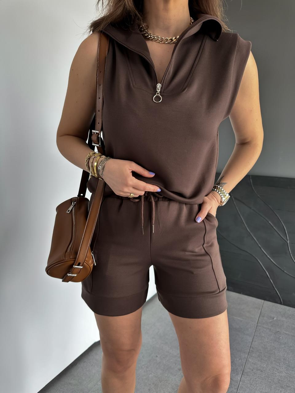 Kahve Polo Yaka Şortlu Modal Takım