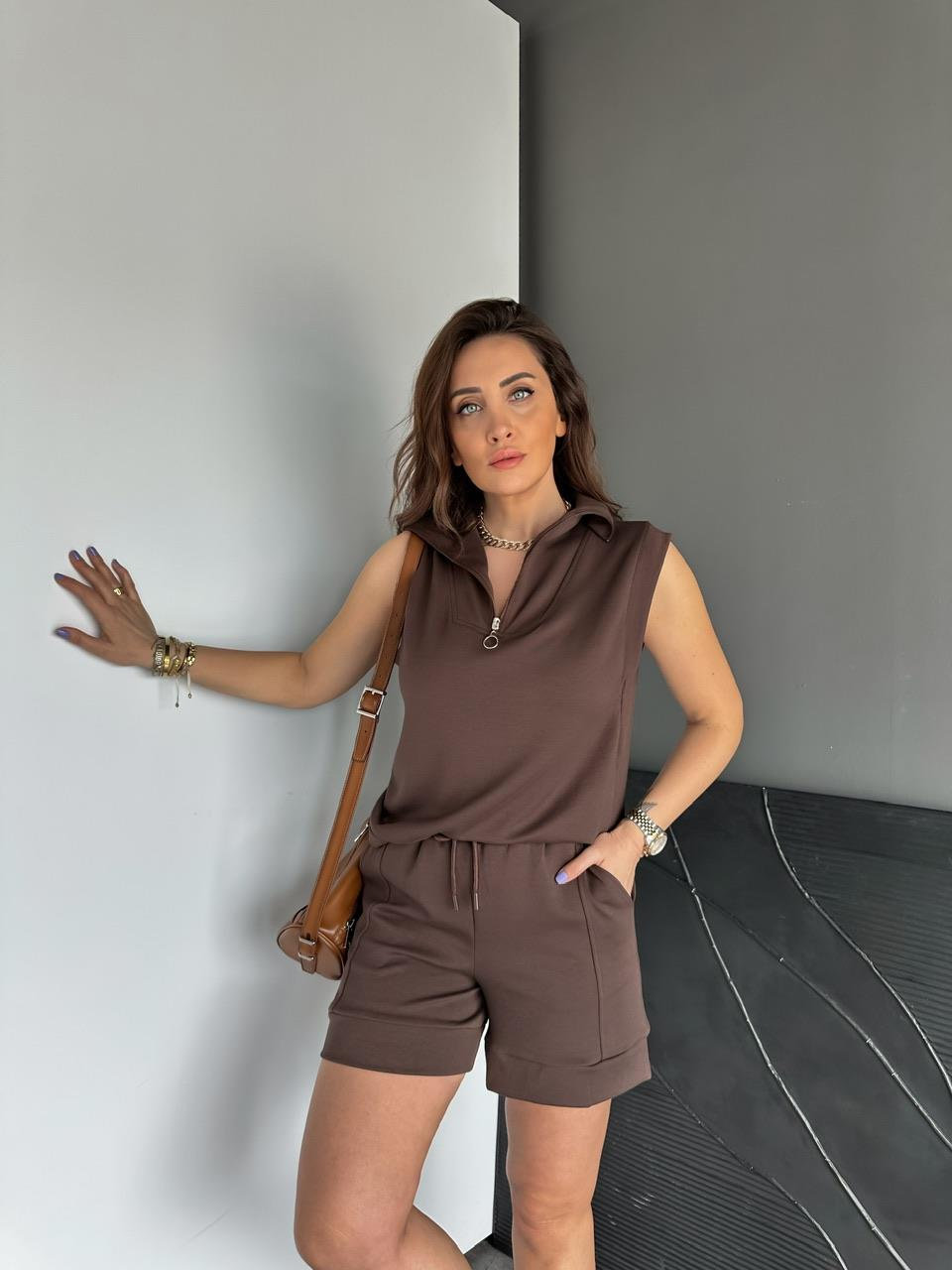 Kahve Polo Yaka Şortlu Modal Takım