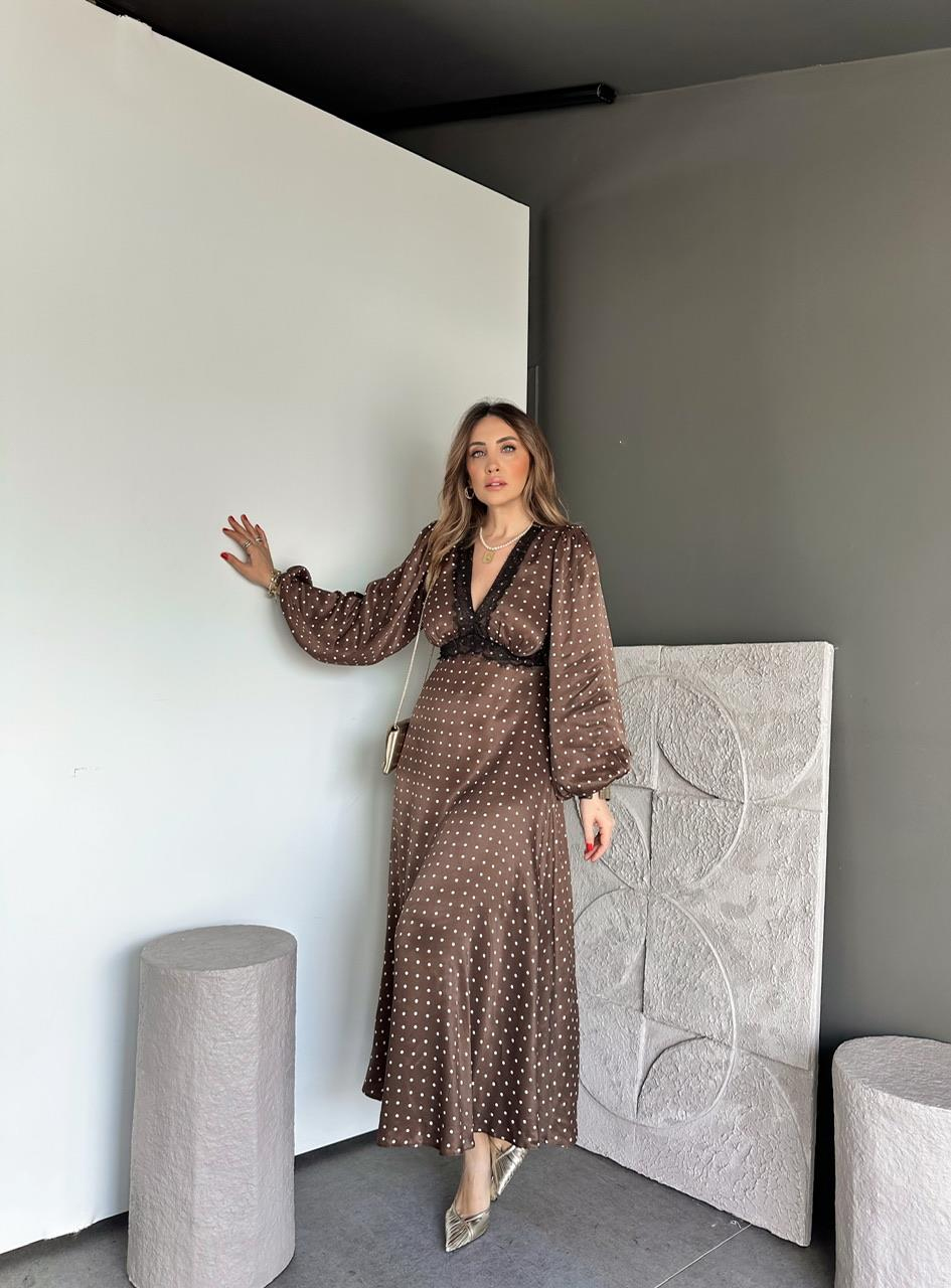 Kahve Puantiyeli Dantelli Saten Elbise