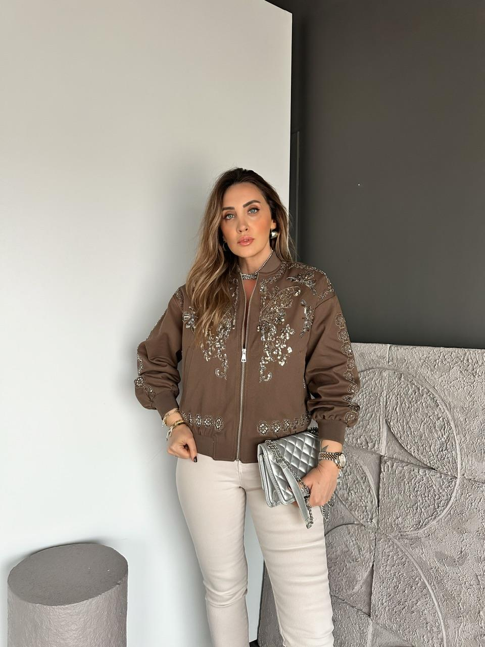 Kahve Pul İşlemeli Bomber Ceket