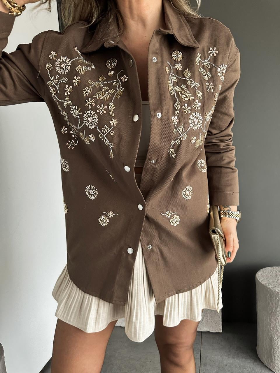 Kahve Pul Payet İşlemeli Gabardin Ceket