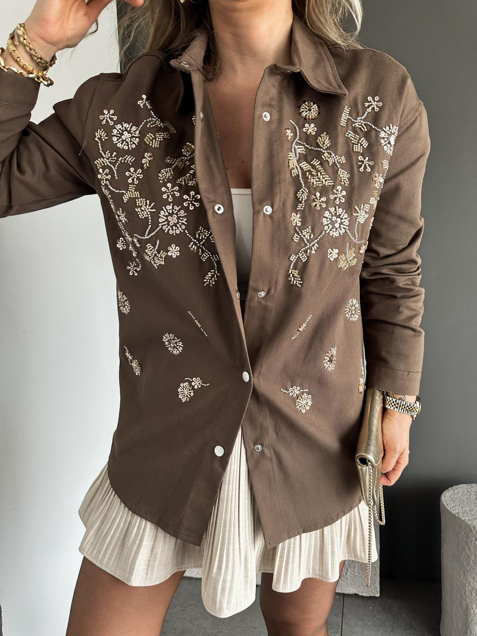 Kahve Pul Payet İşlemeli Gabardin Ceket