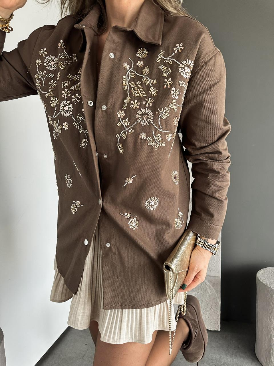 Kahve Pul Payet İşlemeli Gabardin Ceket