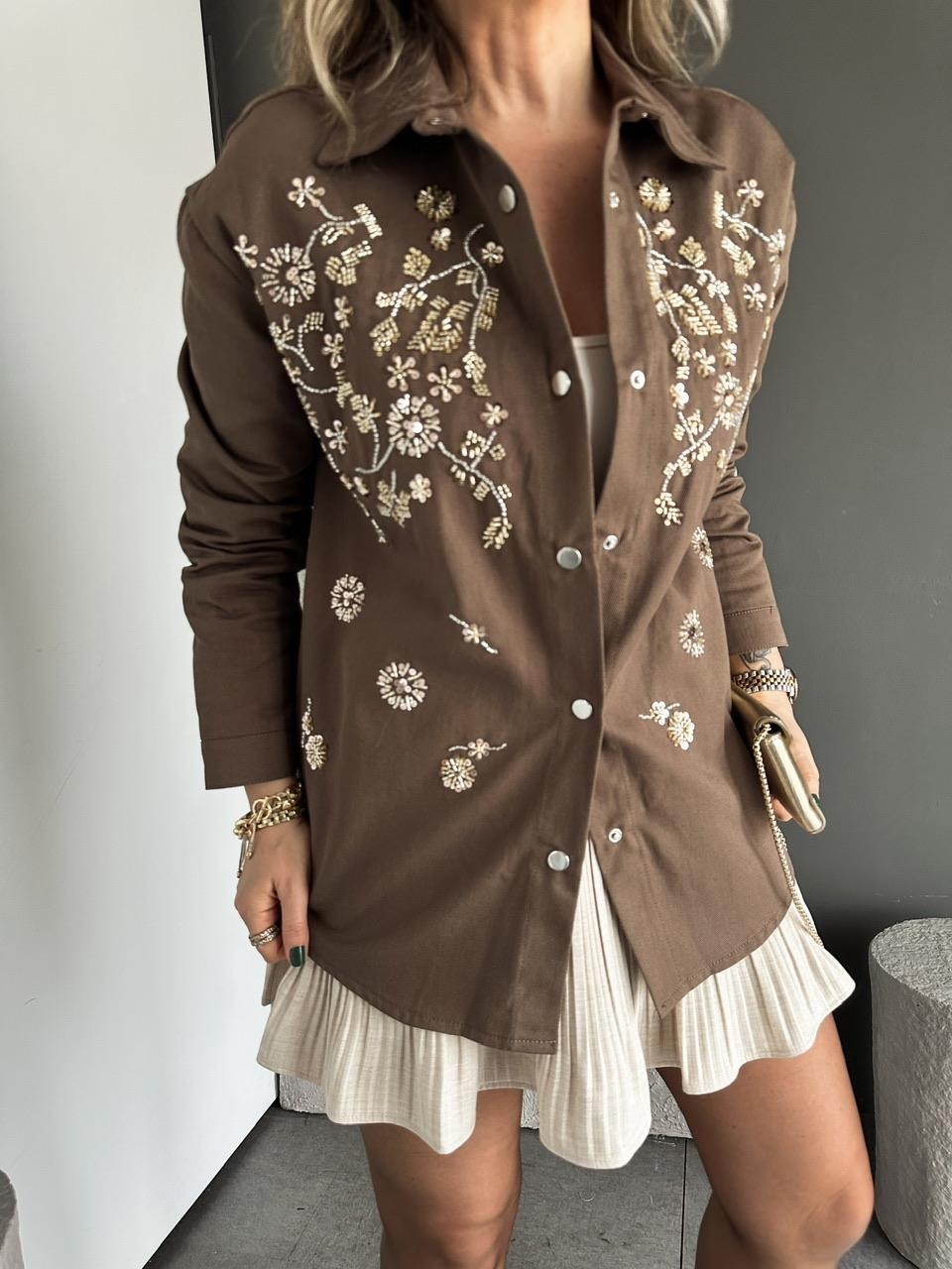 Kahve Pul Payet İşlemeli Gabardin Ceket