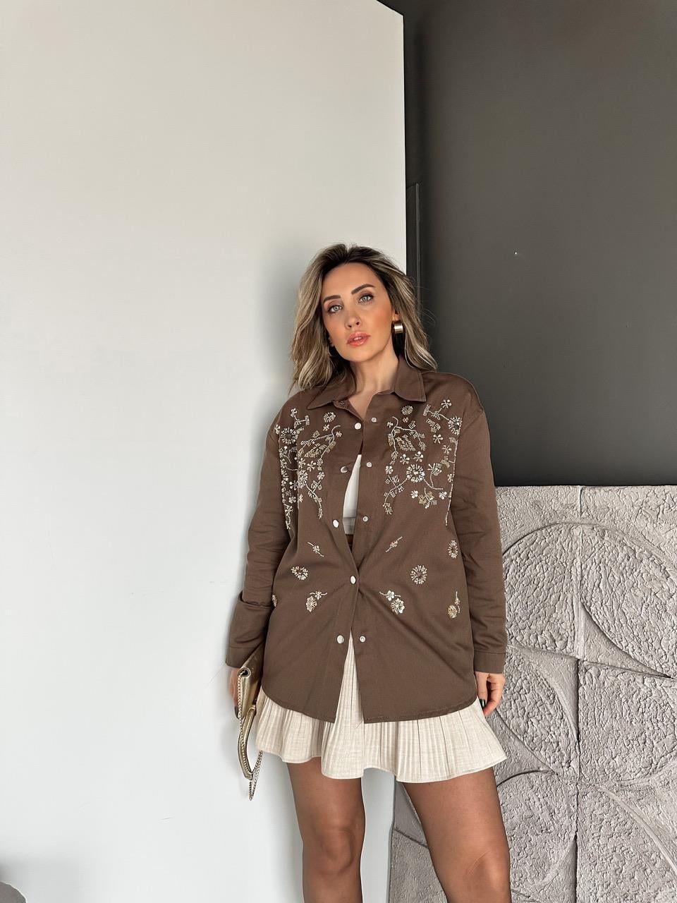 Kahve Pul Payet İşlemeli Gabardin Ceket