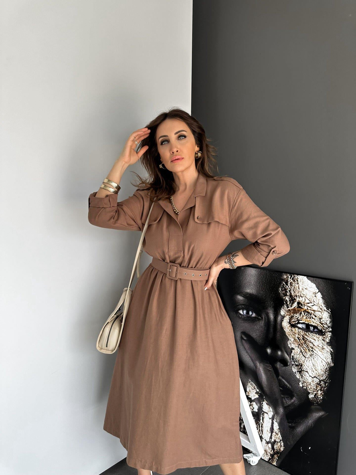 Kahve Safari Beli Kemerli Keten Elbise