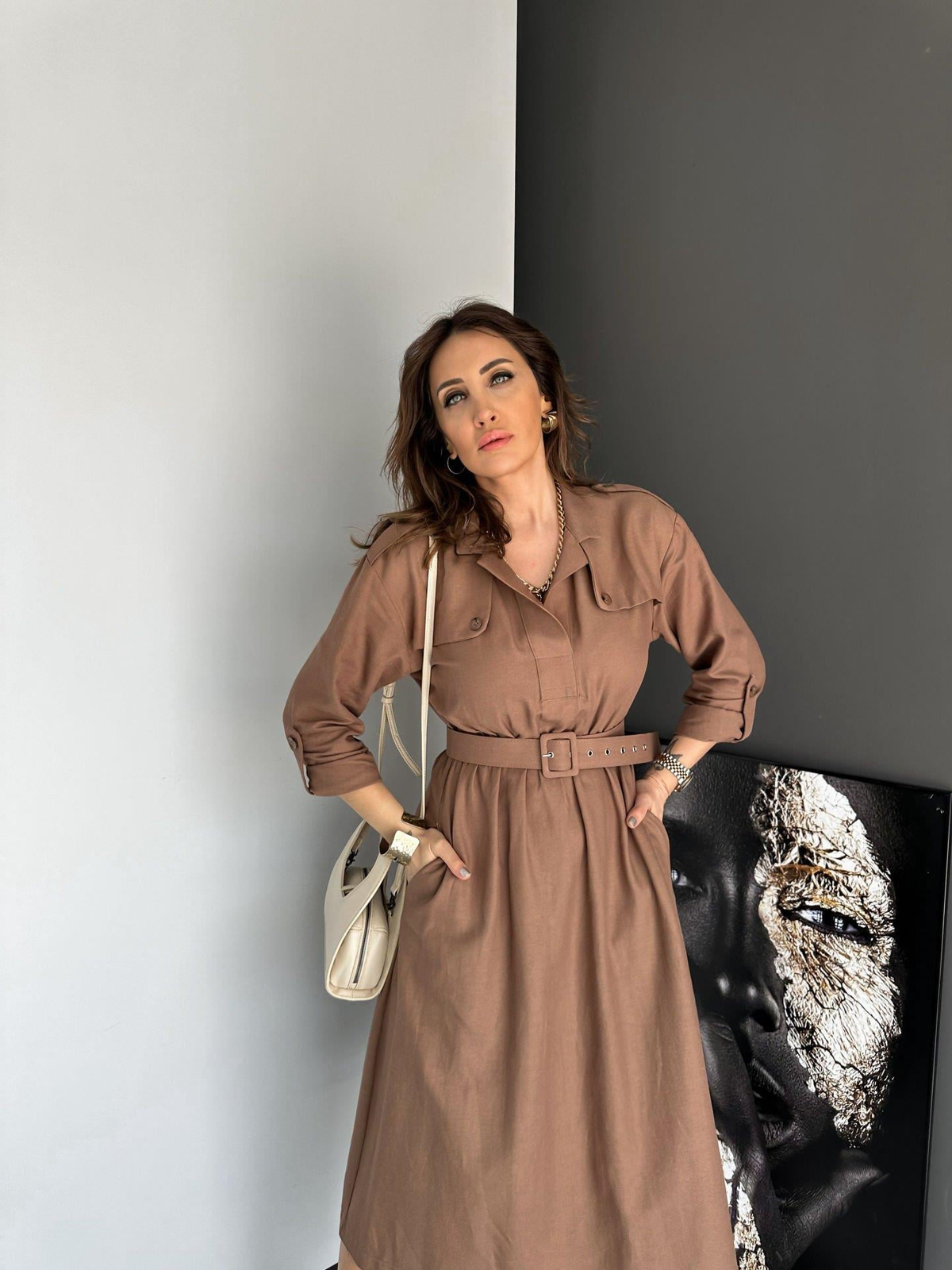 Kahve Safari Beli Kemerli Keten Elbise