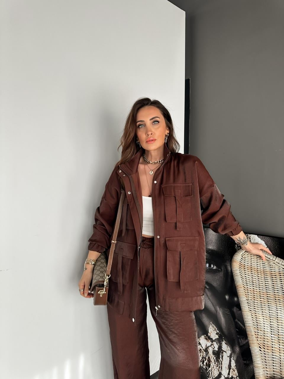 Kahve Safari Ceketli Parlak Takım