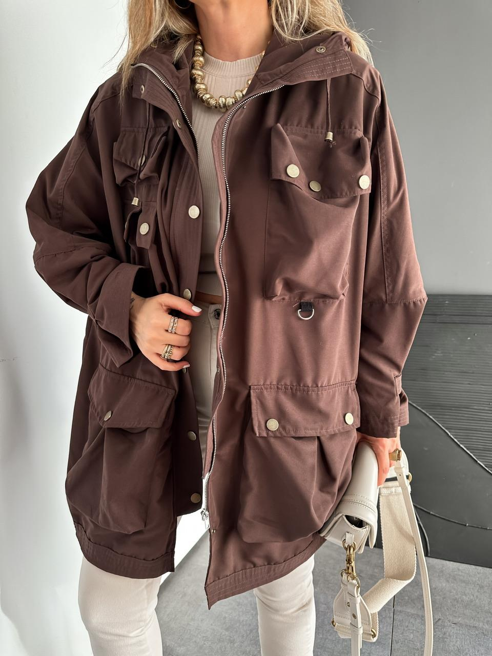 Kahve Safari Cepli Çıtçıtlı Tasarım Trençkot
