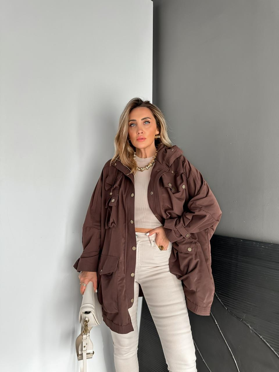 Kahve Safari Cepli Çıtçıtlı Tasarım Trençkot