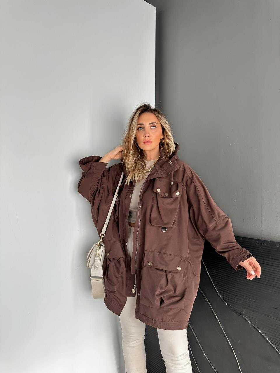 Kahve Safari Cepli Çıtçıtlı Tasarım Trençkot