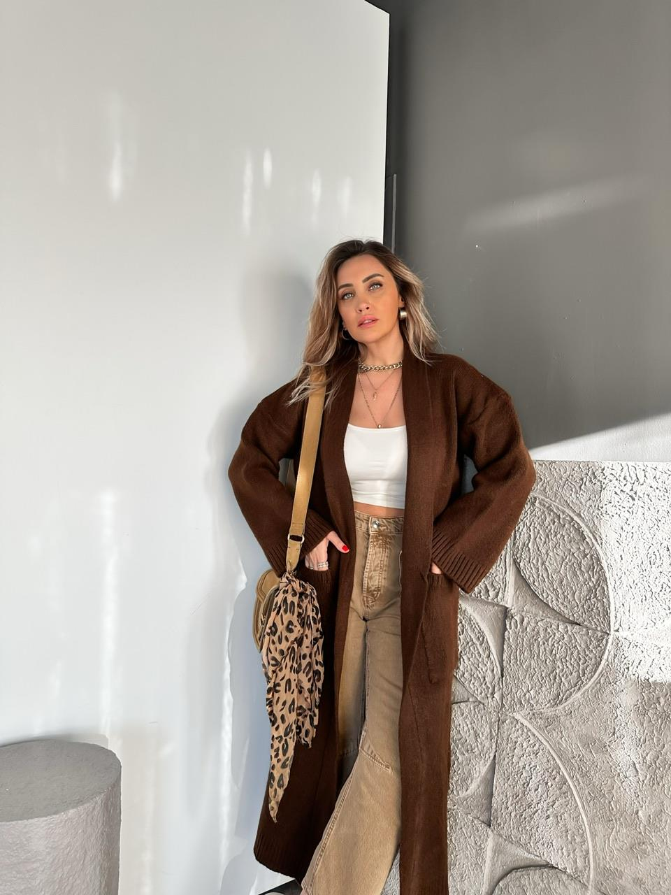 Kahve Şal Yaka Cepli Uzun Hırka
