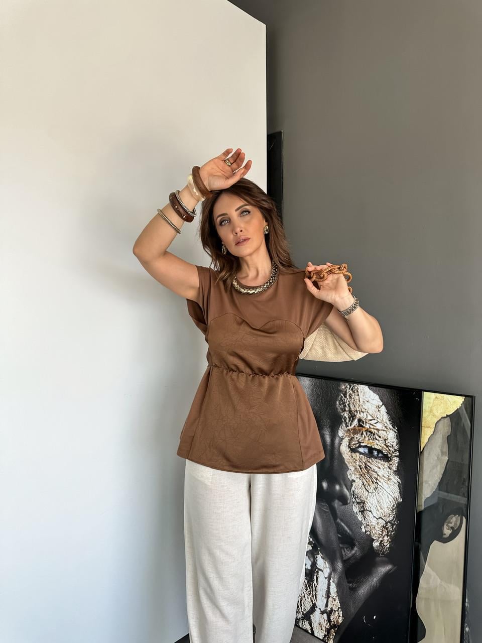 Kahve Saten Parçalı Bağlamalı Bluz