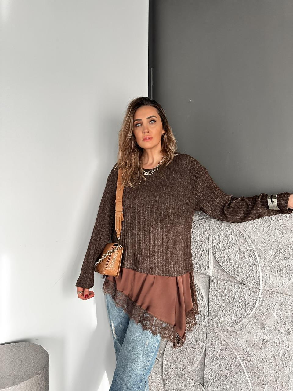 Kahve Saten Parçalı Kaşkorse Bluz