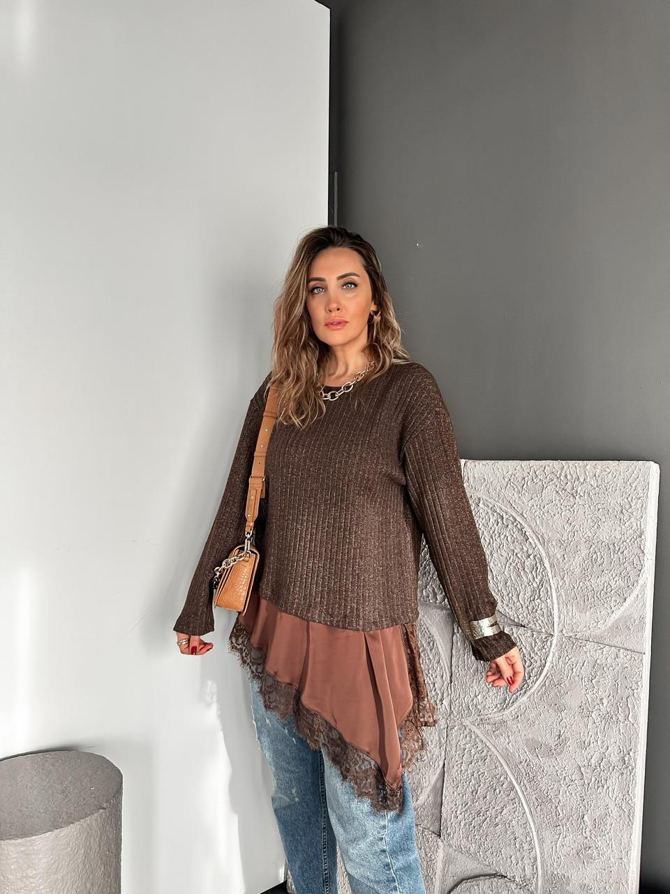Kahve Saten Parçalı Kaşkorse Bluz