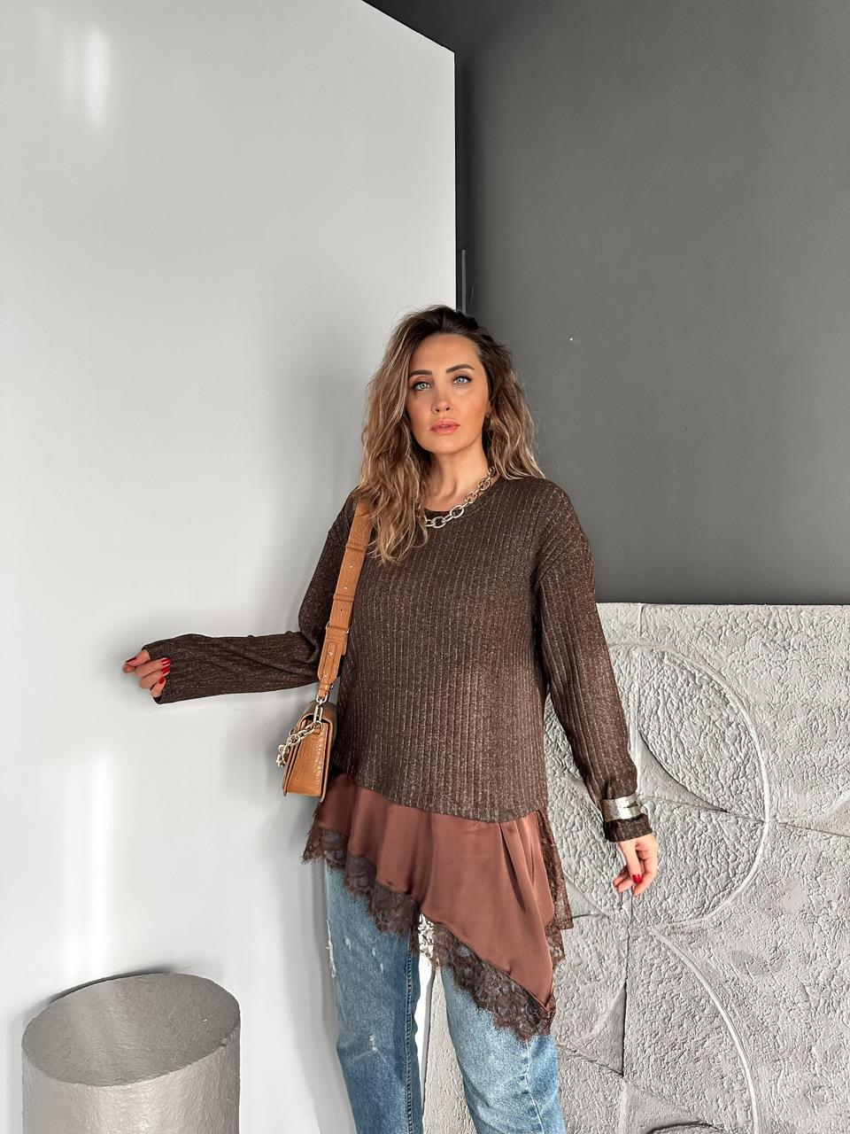 Kahve Saten Parçalı Kaşkorse Bluz