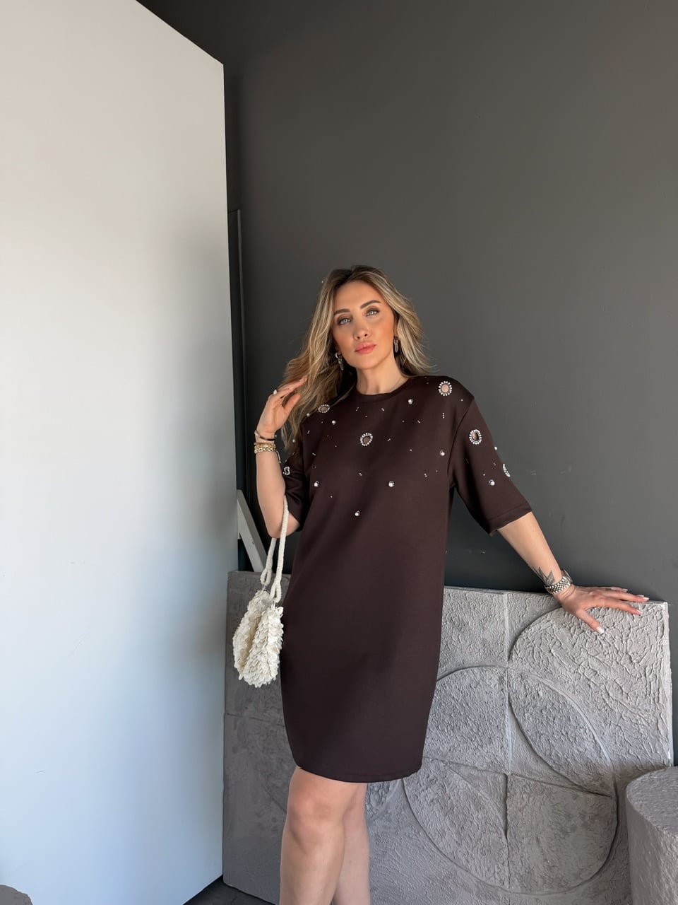 Kahve Serpme İncili Modal Elbise