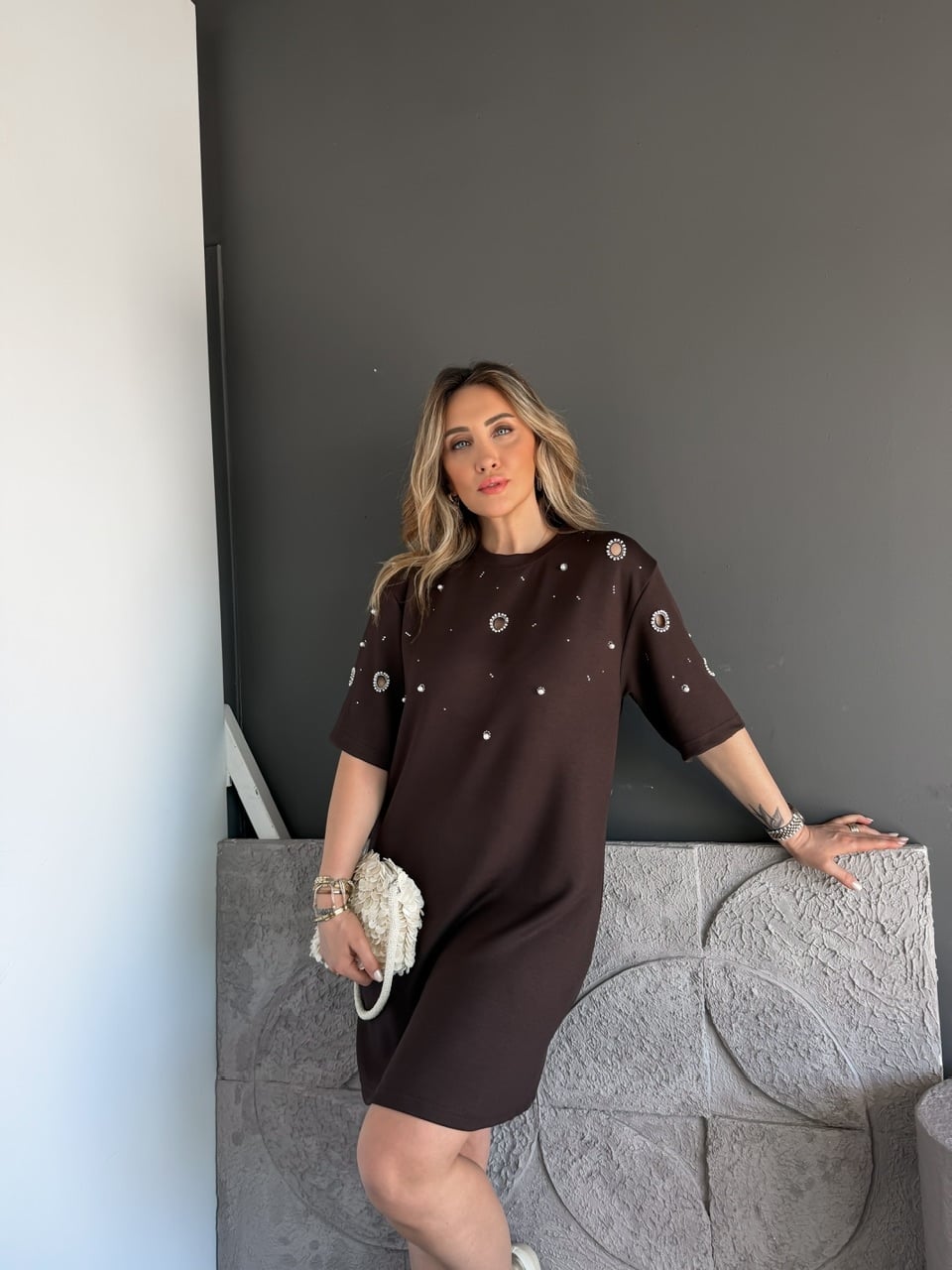 Kahve Serpme İncili Modal Elbise
