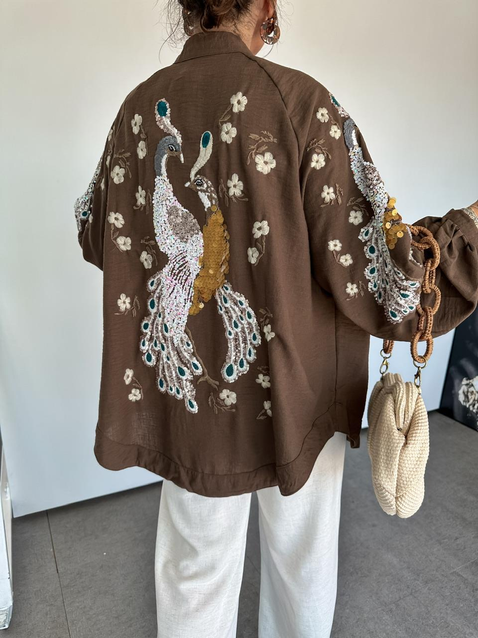 Kahve Tavus Kuşu İşlemeli Keten Kimono