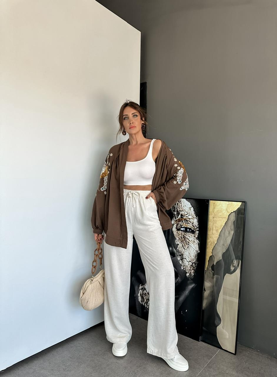 Kahve Tavus Kuşu İşlemeli Keten Kimono