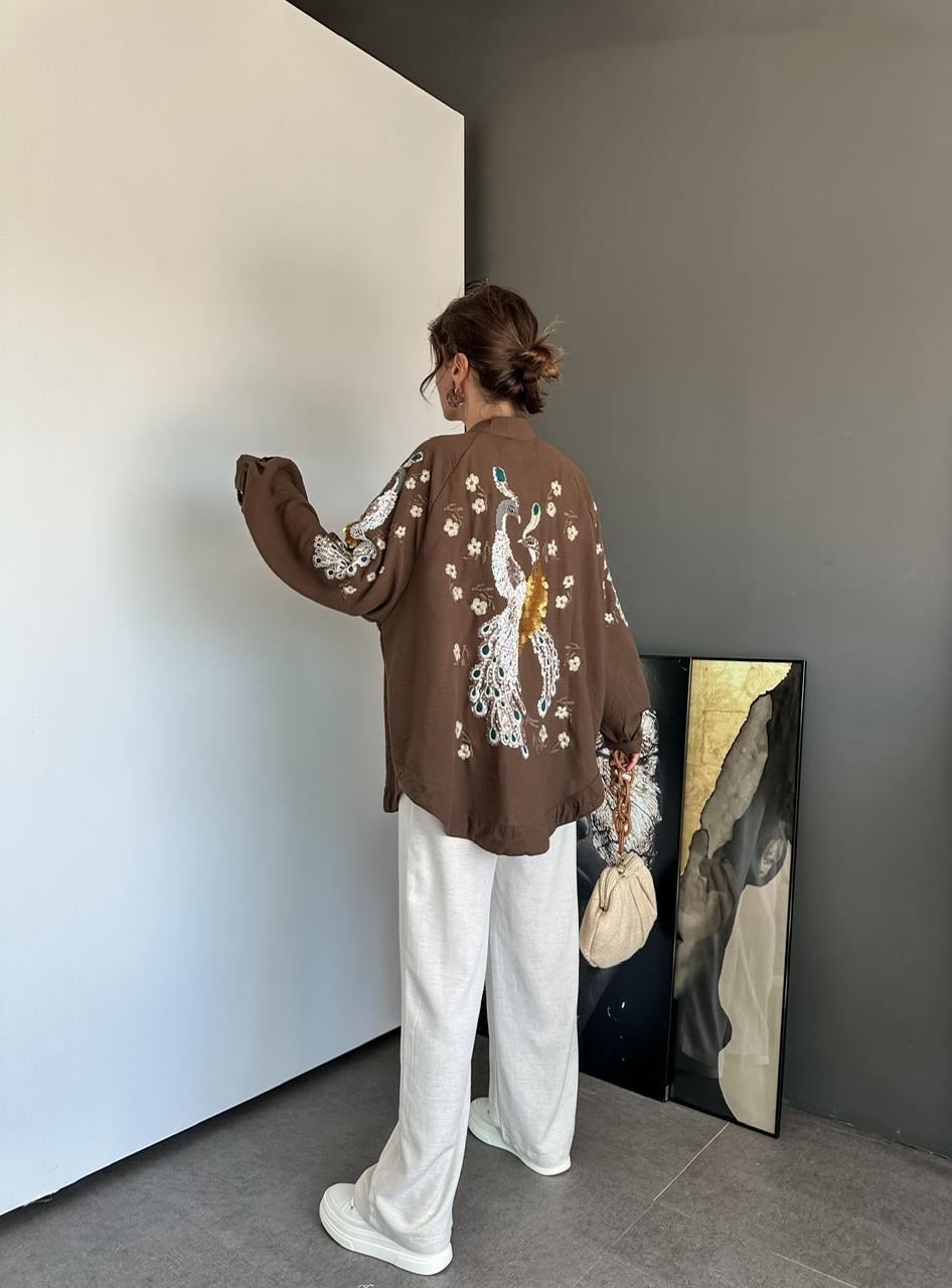 Kahve Tavus Kuşu İşlemeli Keten Kimono