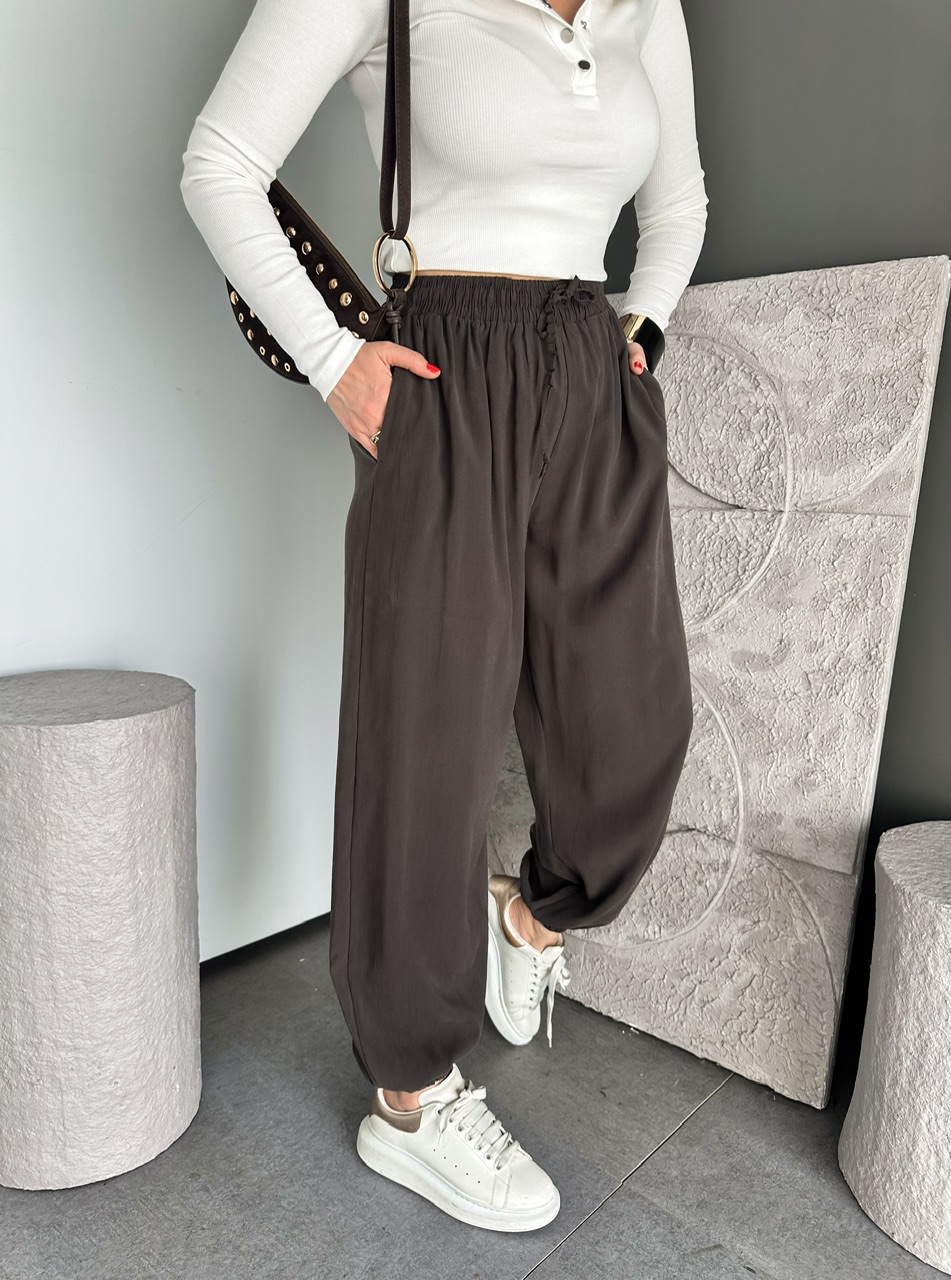 Kahve Tensel Beli Lastikli Şalvar Pantolon