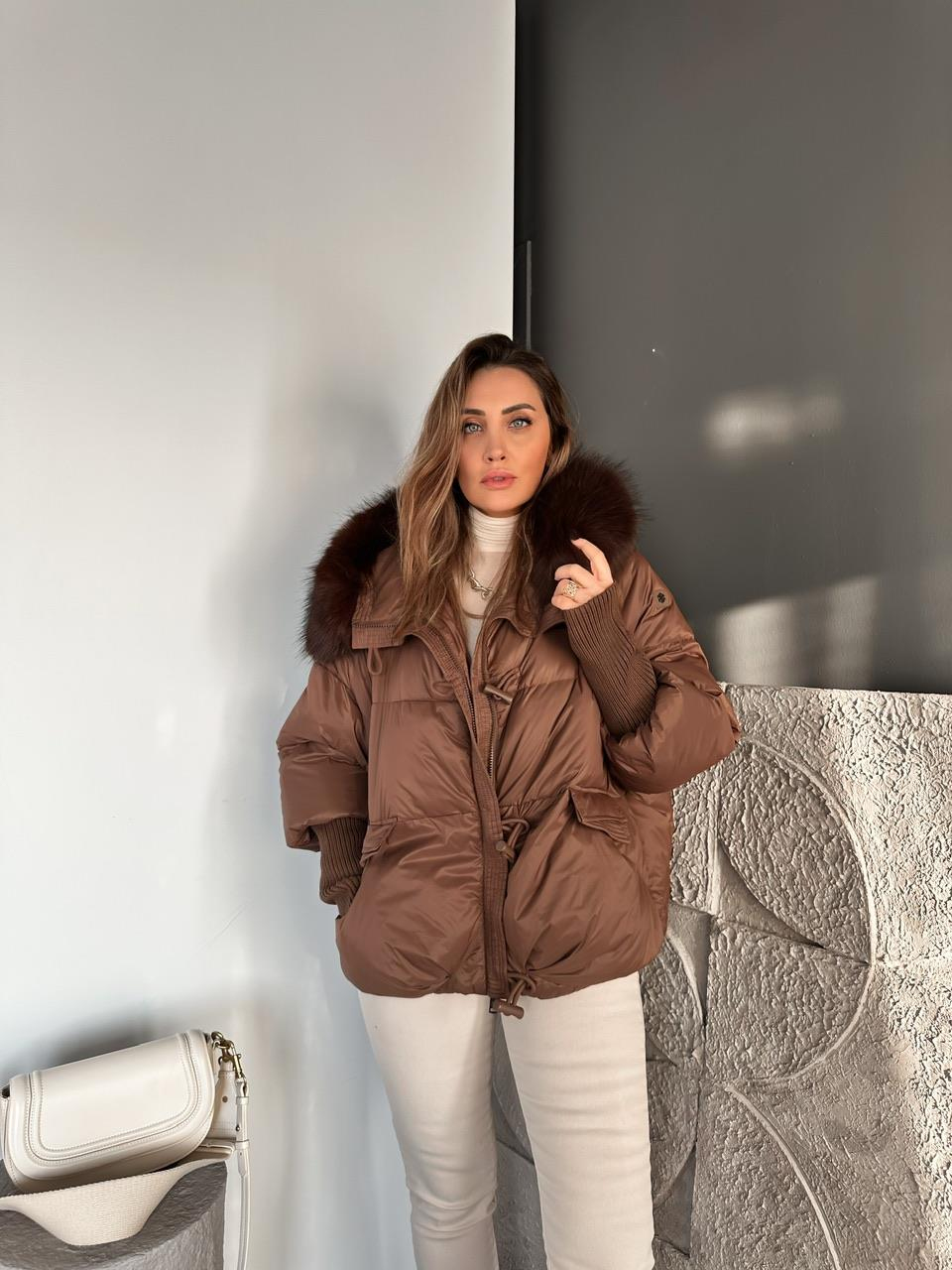 Kahve Triko Kollu Premium Şişme Mont