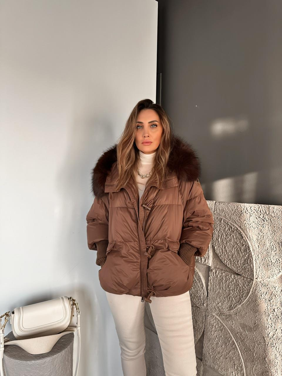 Kahve Triko Kollu Premium Şişme Mont