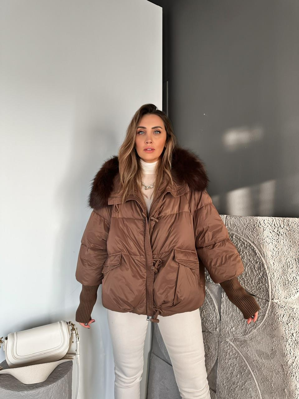 Kahve Triko Kollu Premium Şişme Mont