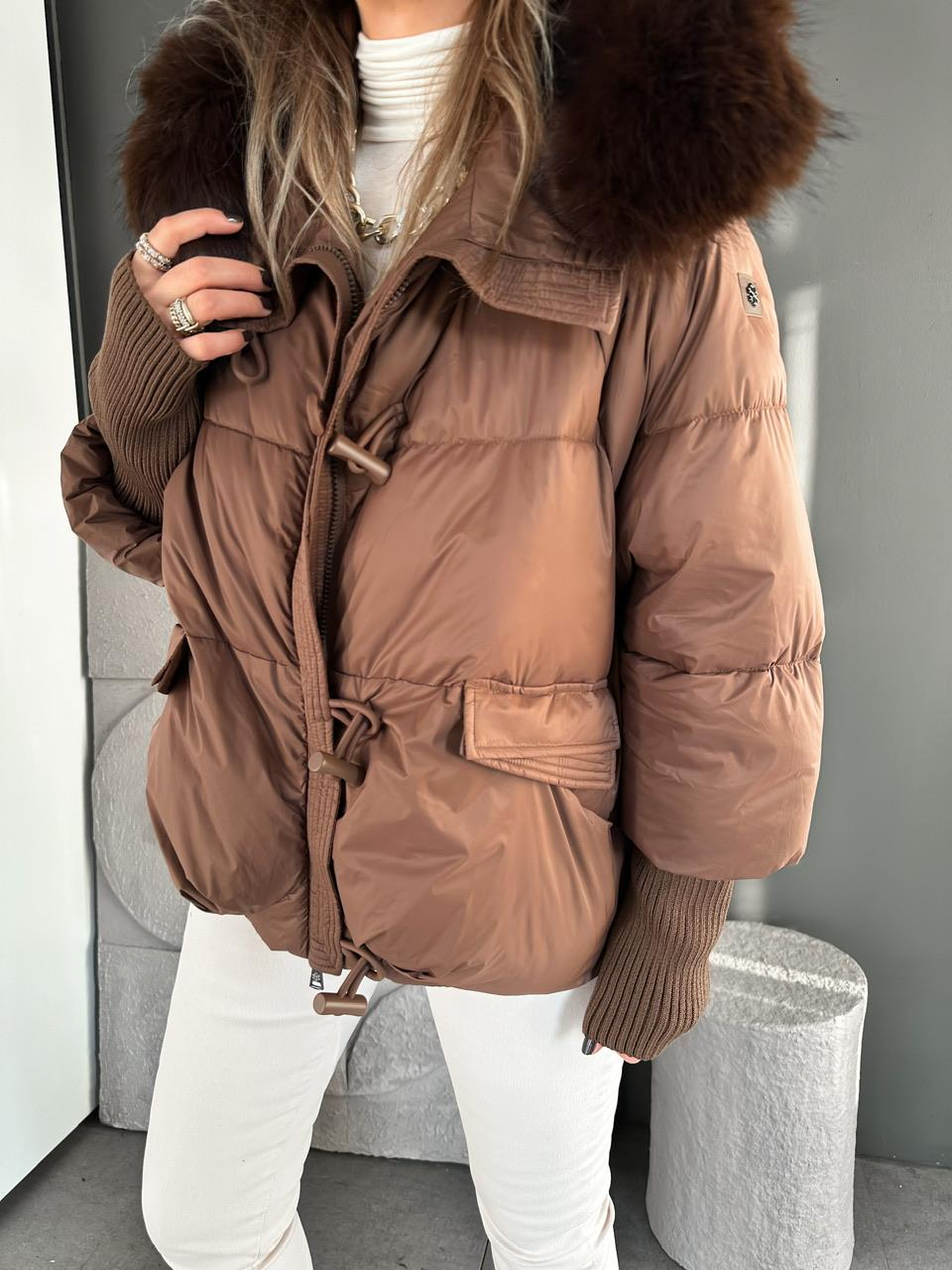 Kahve Triko Kollu Premium Şişme Mont