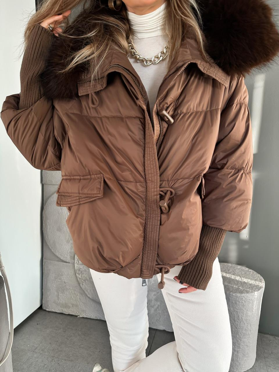 Kahve Triko Kollu Premium Şişme Mont
