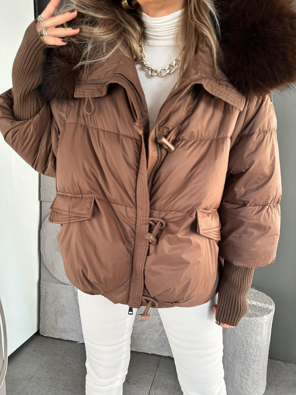 Kahve Triko Kollu Premium Şişme Mont