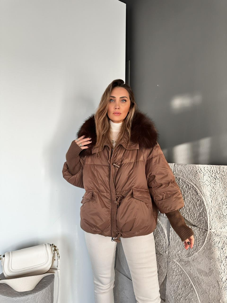 Kahve Triko Kollu Premium Şişme Mont