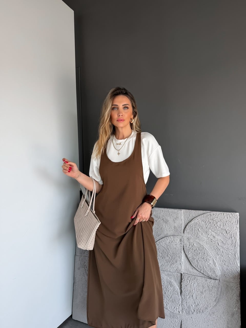 Kahve Tshirtlü Askılı Basic Elbise