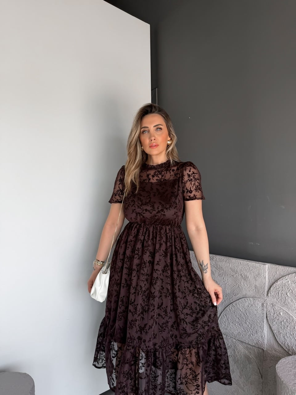 Kahve Tül Çiçek Desenli Elbise