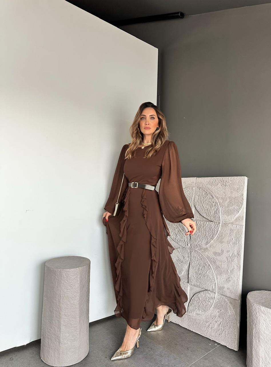 Kahve Volanlı Kemerli Şifon Elbise