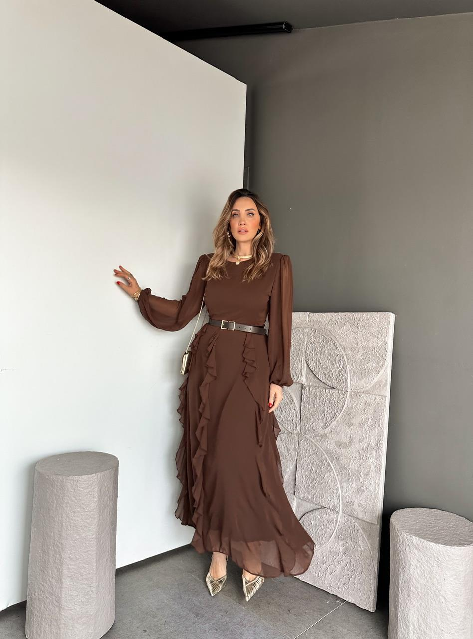 Kahve Volanlı Kemerli Şifon Elbise