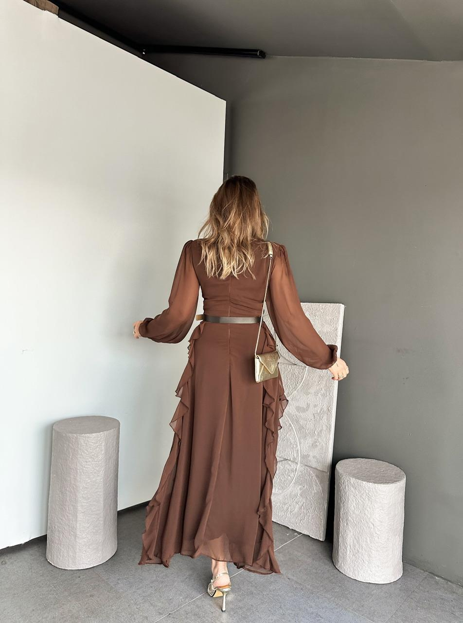 Kahve Volanlı Kemerli Şifon Elbise