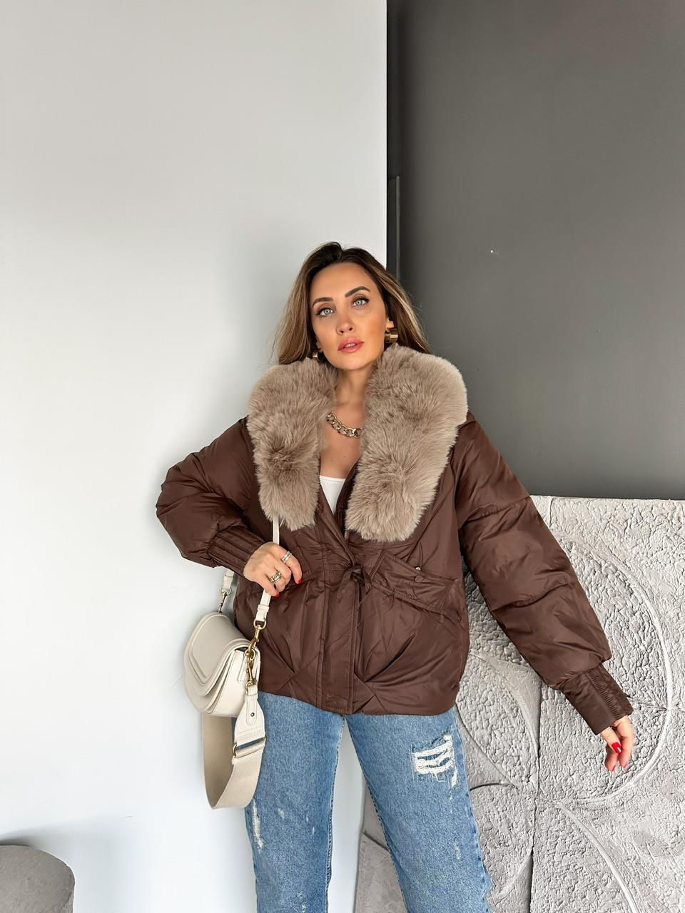 Kahve Yakası Kürklü Şişme Mont