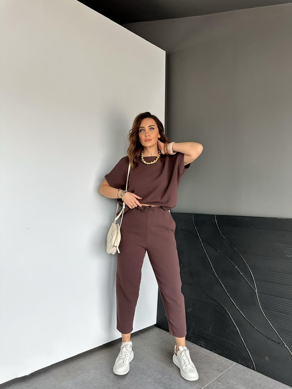 Kahve Yarasa Kollu Naturel Takım