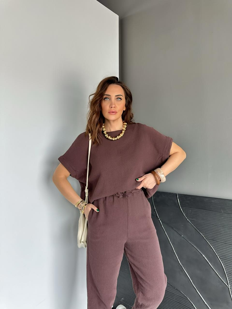 Kahve Yarasa Kollu Naturel Takım