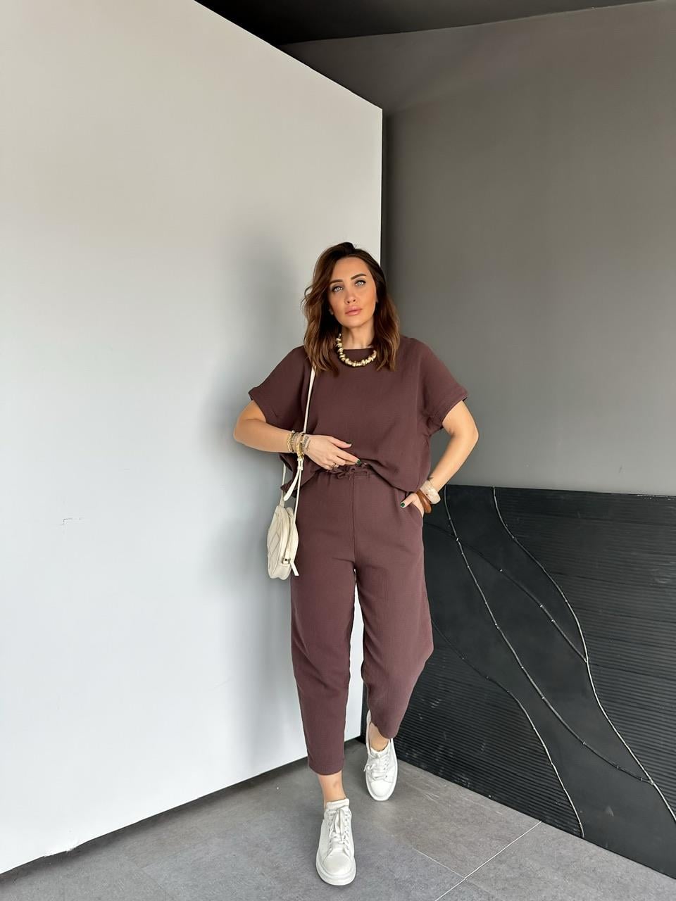 Kahve Yarasa Kollu Naturel Takım