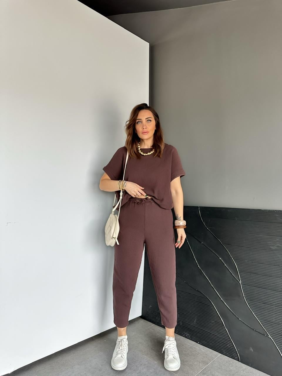 Kahve Yarasa Kollu Naturel Takım
