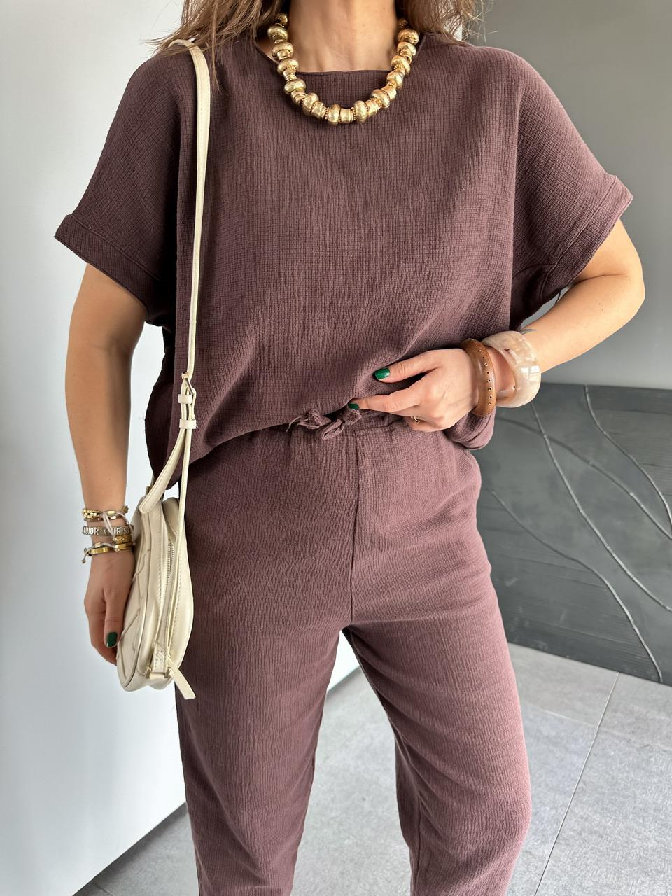 Kahve Yarasa Kollu Naturel Takım