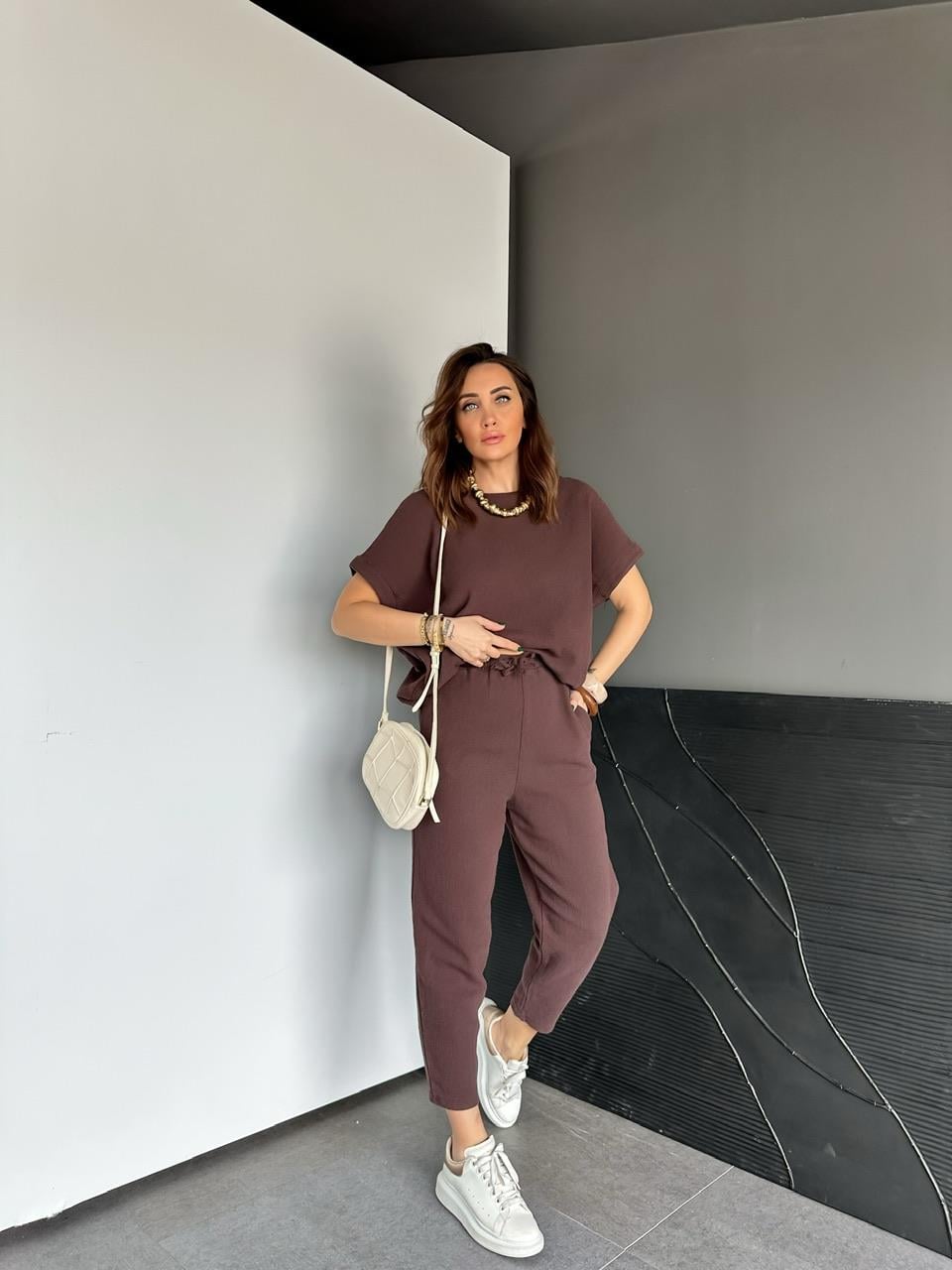 Kahve Yarasa Kollu Naturel Takım