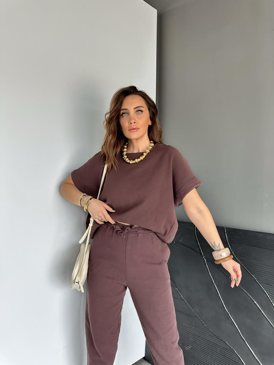 Kahve Yarasa Kollu Naturel Takım