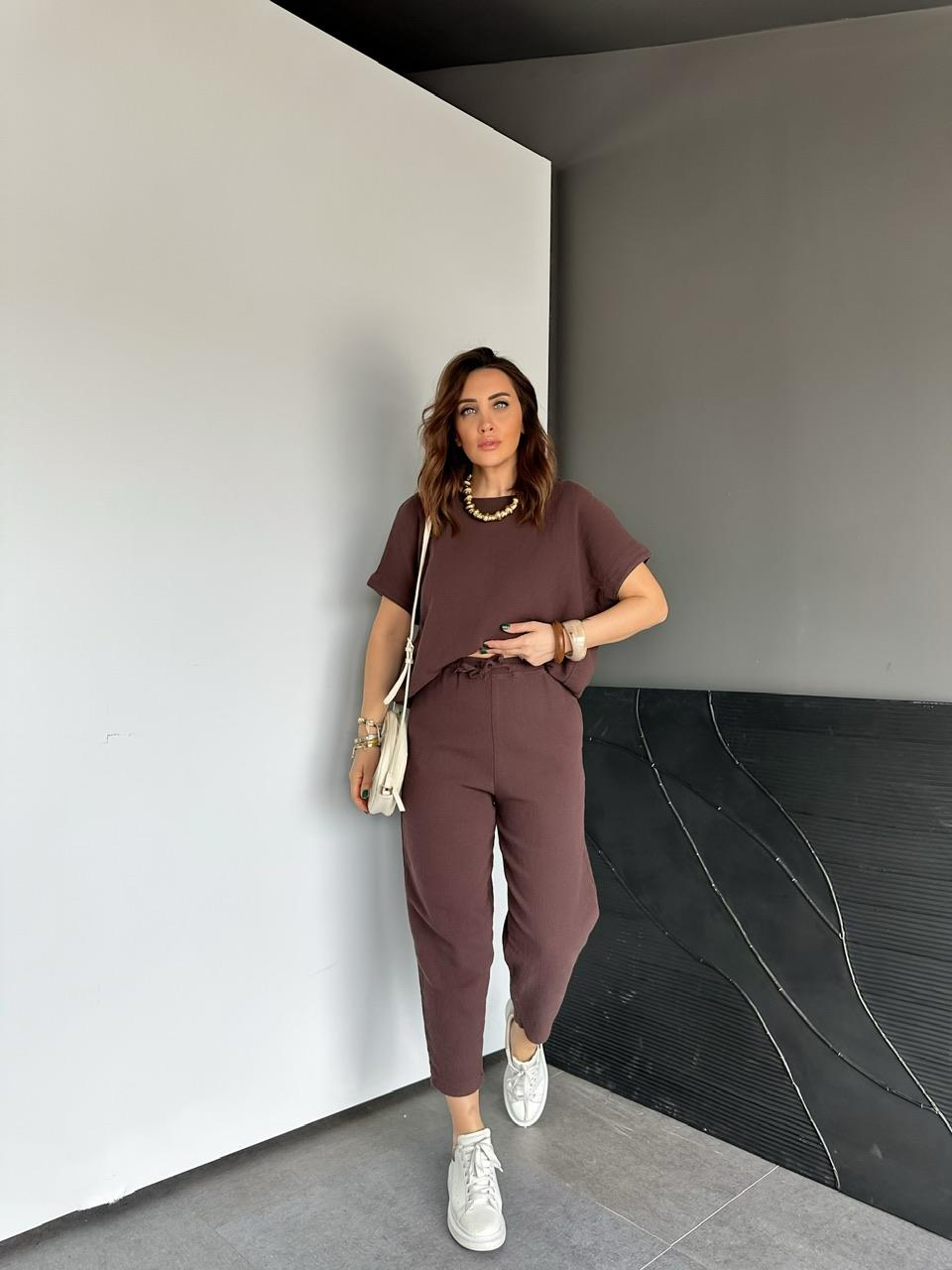 Kahve Yarasa Kollu Naturel Takım