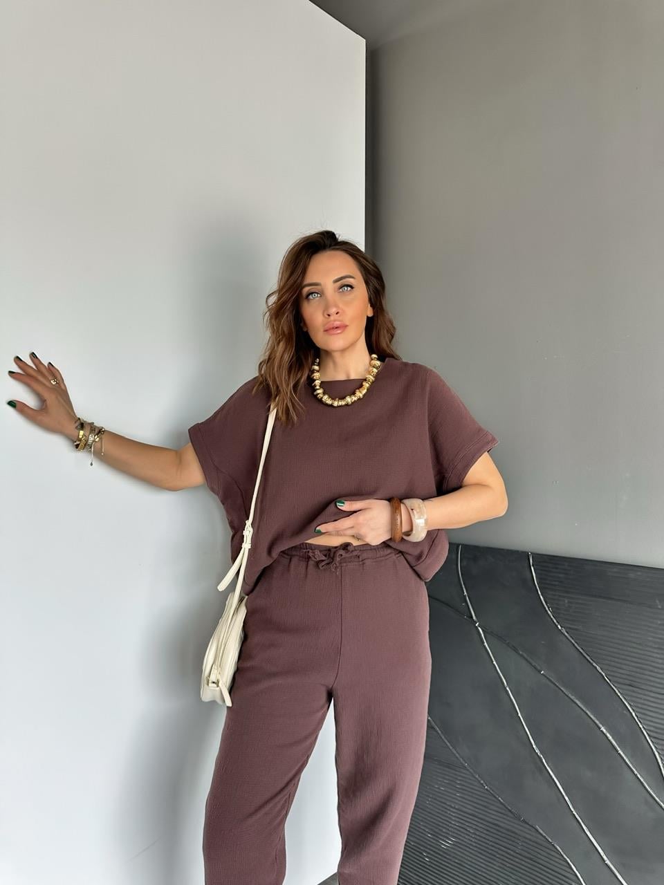 Kahve Yarasa Kollu Naturel Takım