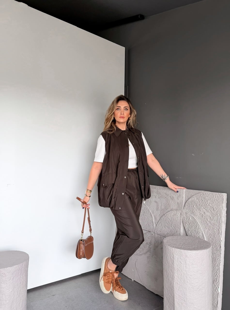 Kahve Yelek Pantolon Paçası Lastikli Takım